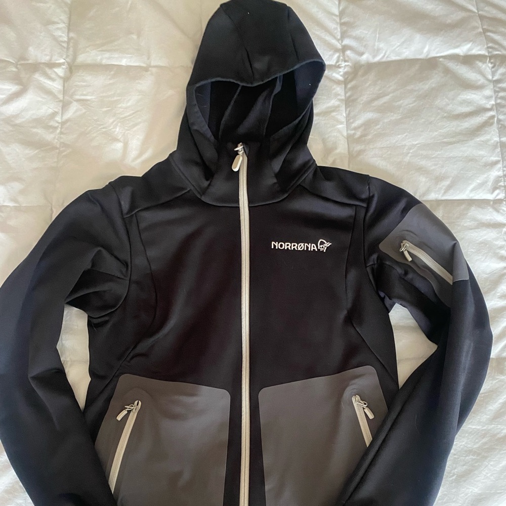 Norrona Black and Gray Falketind Warm Stretch Hooded Jacket Size M